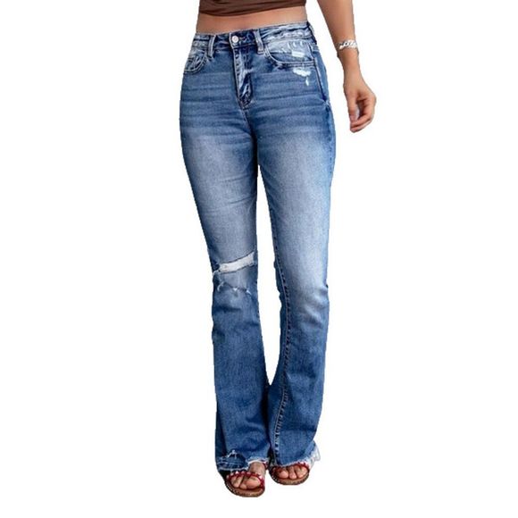 Pantalon Denim - Pantalon Blue Distressed Raw-Hem Flare Jeans Size L